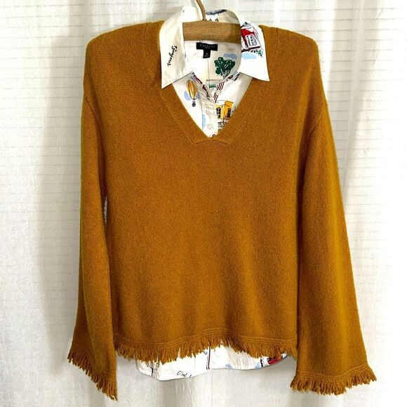 Anthropologie S Joy Mustard Soft Knit Fringe Hem V-Neck Jumper Sweater - Picture 5 of 16